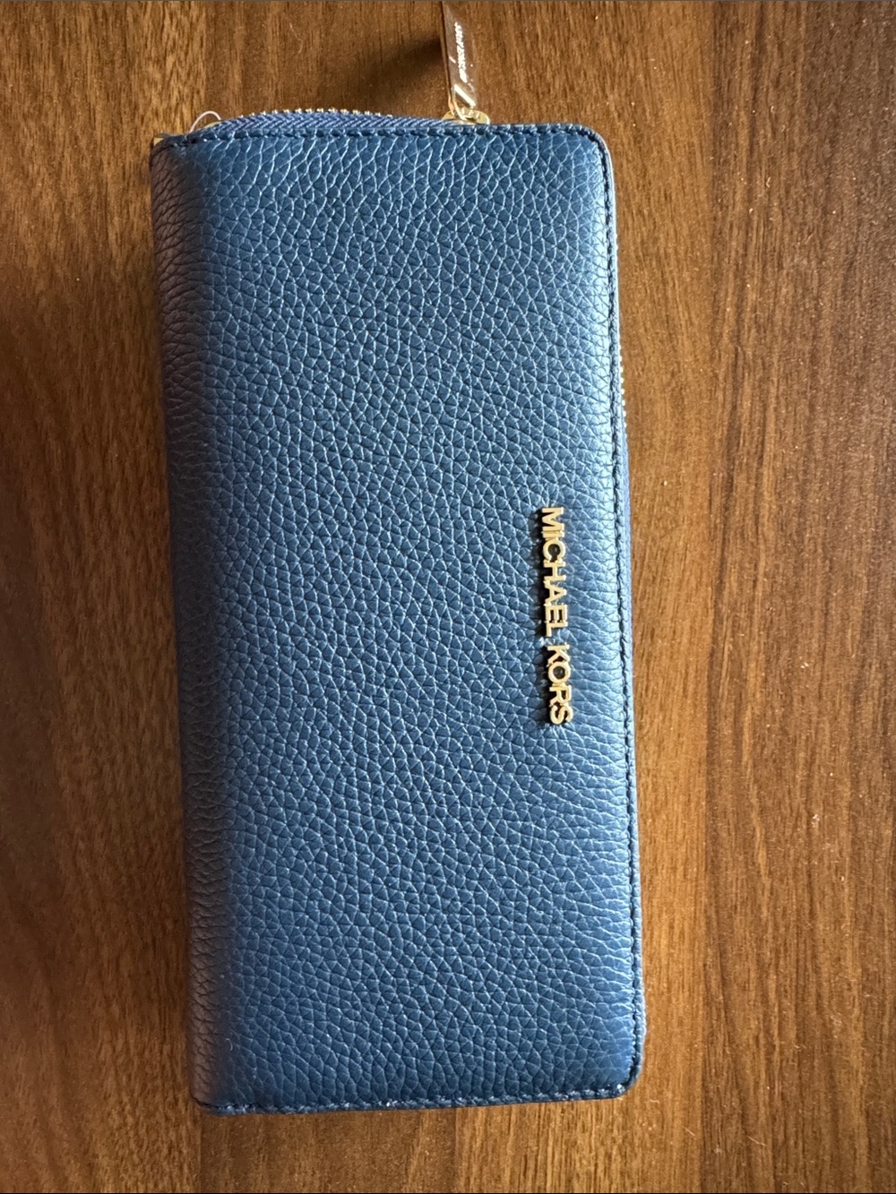 Michael Kors Blue Pebbled Leather Zip Wallet with Gold Logo